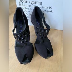 Pedro Garcia black suede heels with black gemstone detail (Size 38)